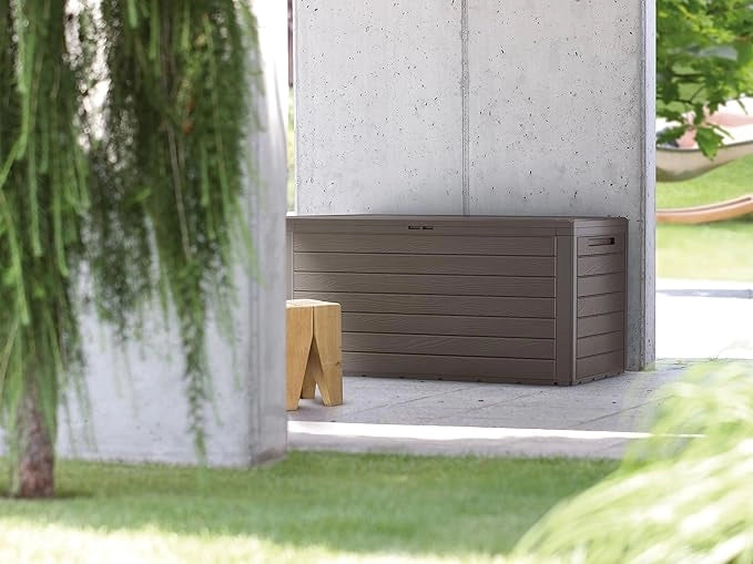 Baule da Giardino Impermeabile, Contenitore da Esterno con Maniglie, 280 L, Effetto Legno, Marrone