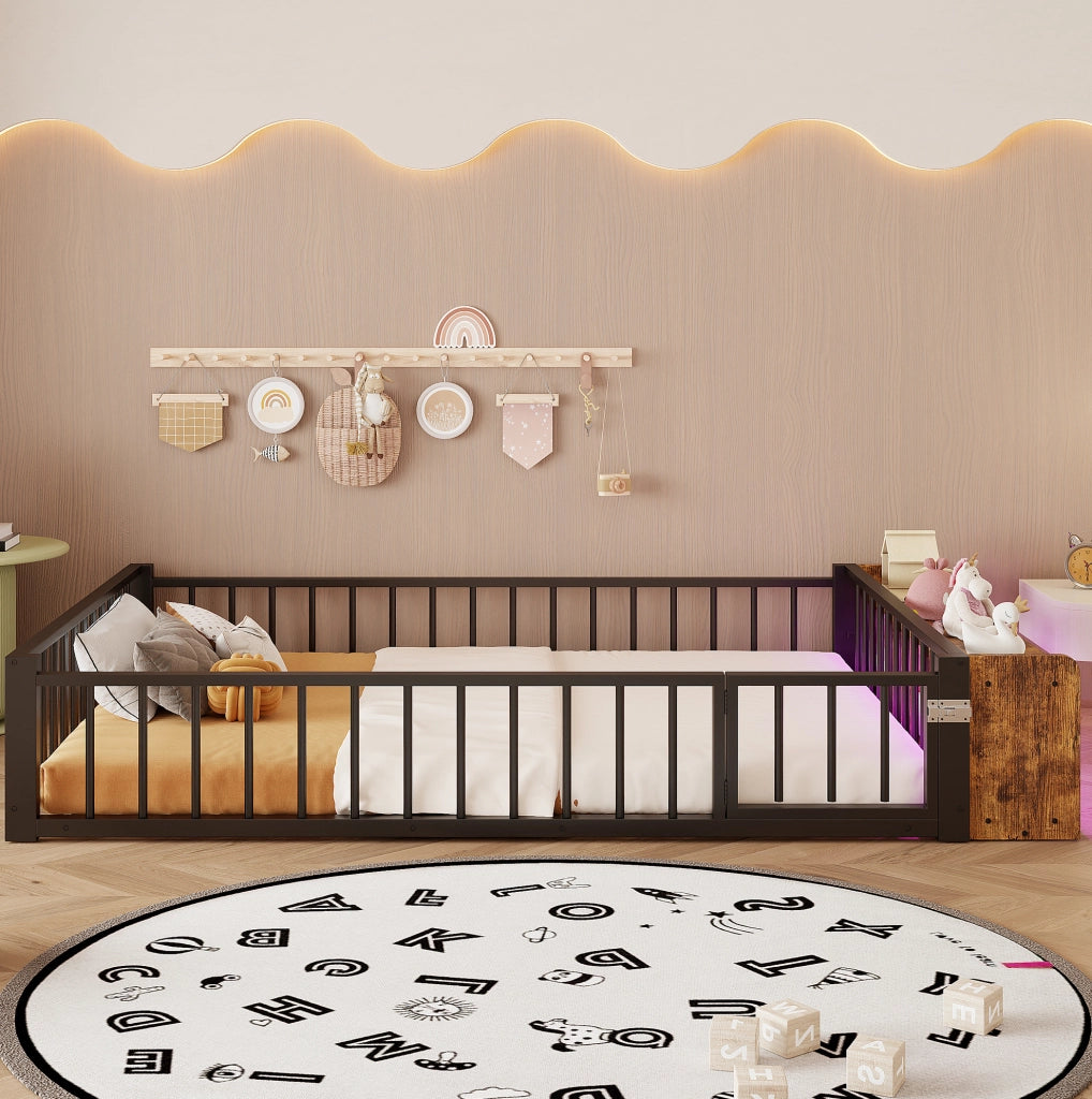 Letto per bambini in metallo 140x200 cm con LED e vano, nero