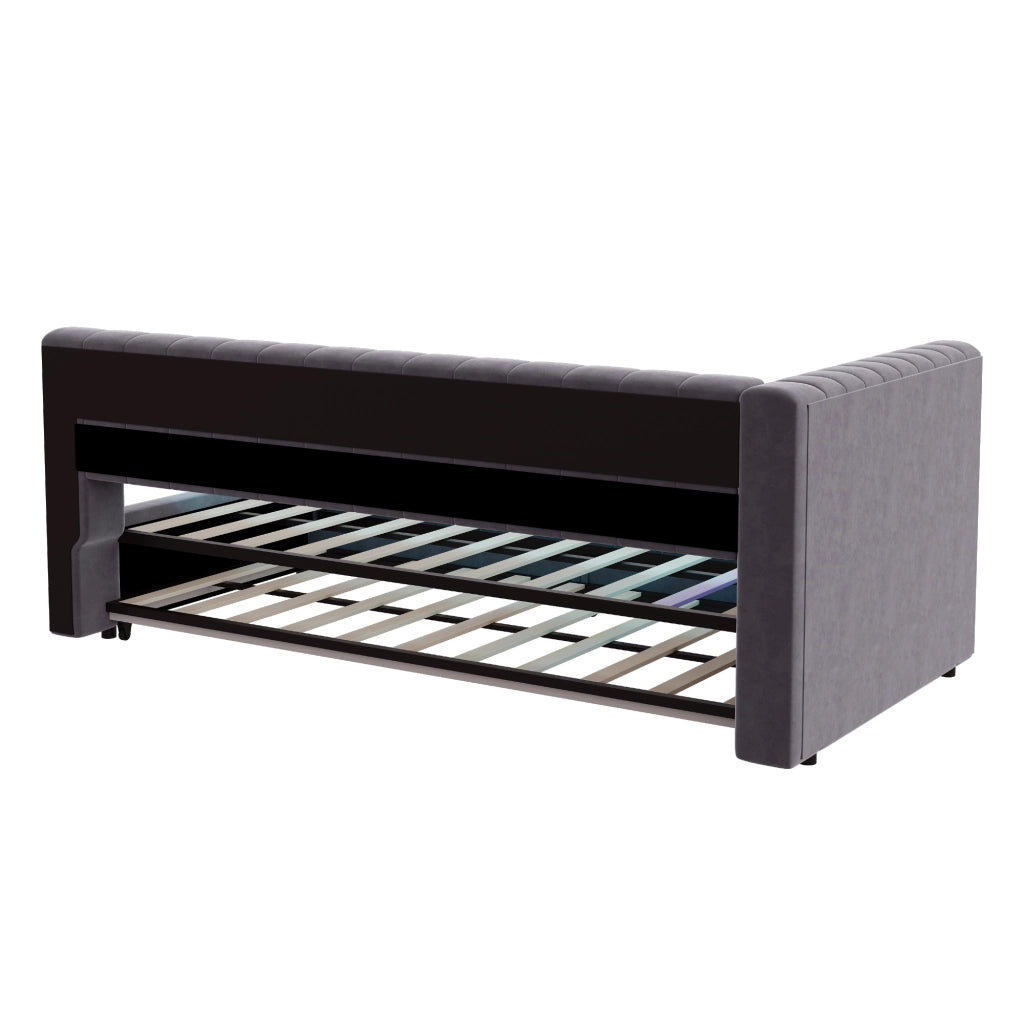 OKWISH Letto a Scomparsa 90×200 cm, Letto Singolo con Letto Estraibile, USB, Type C, LED Regolabile e Vani, senza Materasso, Grigio