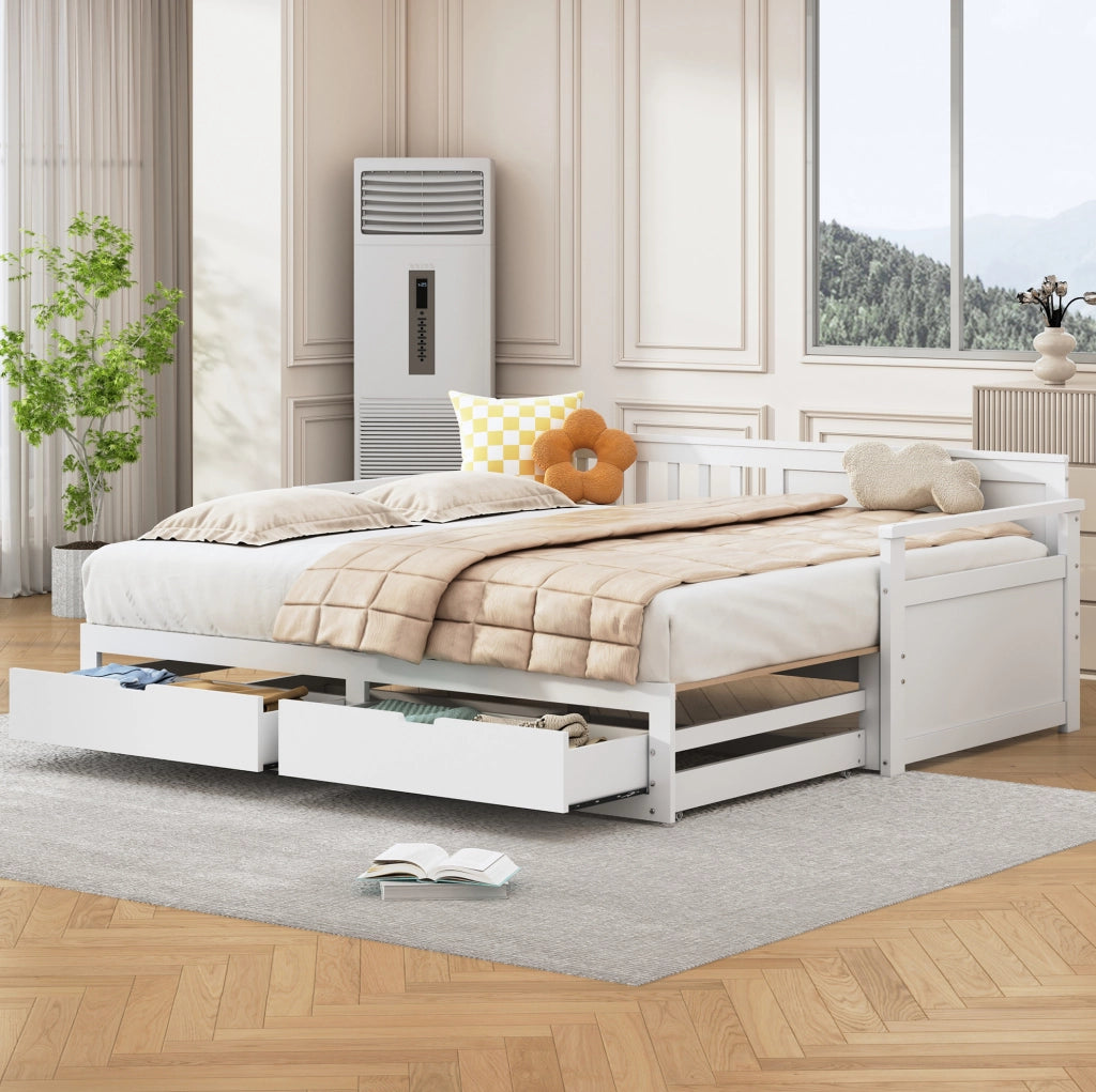Letto da giorno con cassetti e letto estraibile 90x190/180x190 cm; bianco