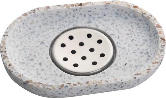 Sacchetta di detersivo in terracotta con contenitore in acciaio inossidabile per drenaggio, beige, contenitore per detersivo, pietra naturale, beige per bagno, lavabo e cucina