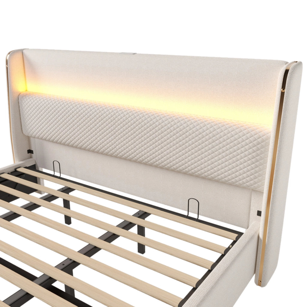 Letto matrimoniale con contenitore 180x200 cm in lino beige; testiera alta; LED e USB/Type-C