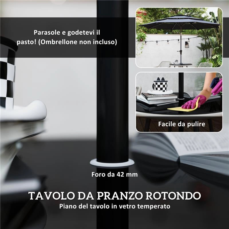 SET DA GIARDINO 5 PEZZI IN RATTAN E ACCIAIO CON 4 SEDIE DA ESTERNO E TAVOLO ROTONDO CON FORO MARRONE E GRIGIO