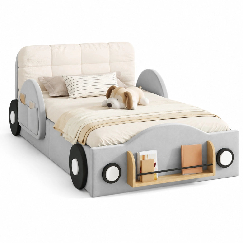 Letto Contenitore 90x200 cm; Letto Singolo con Tasche laterali e Libreria; Flanella Grigio