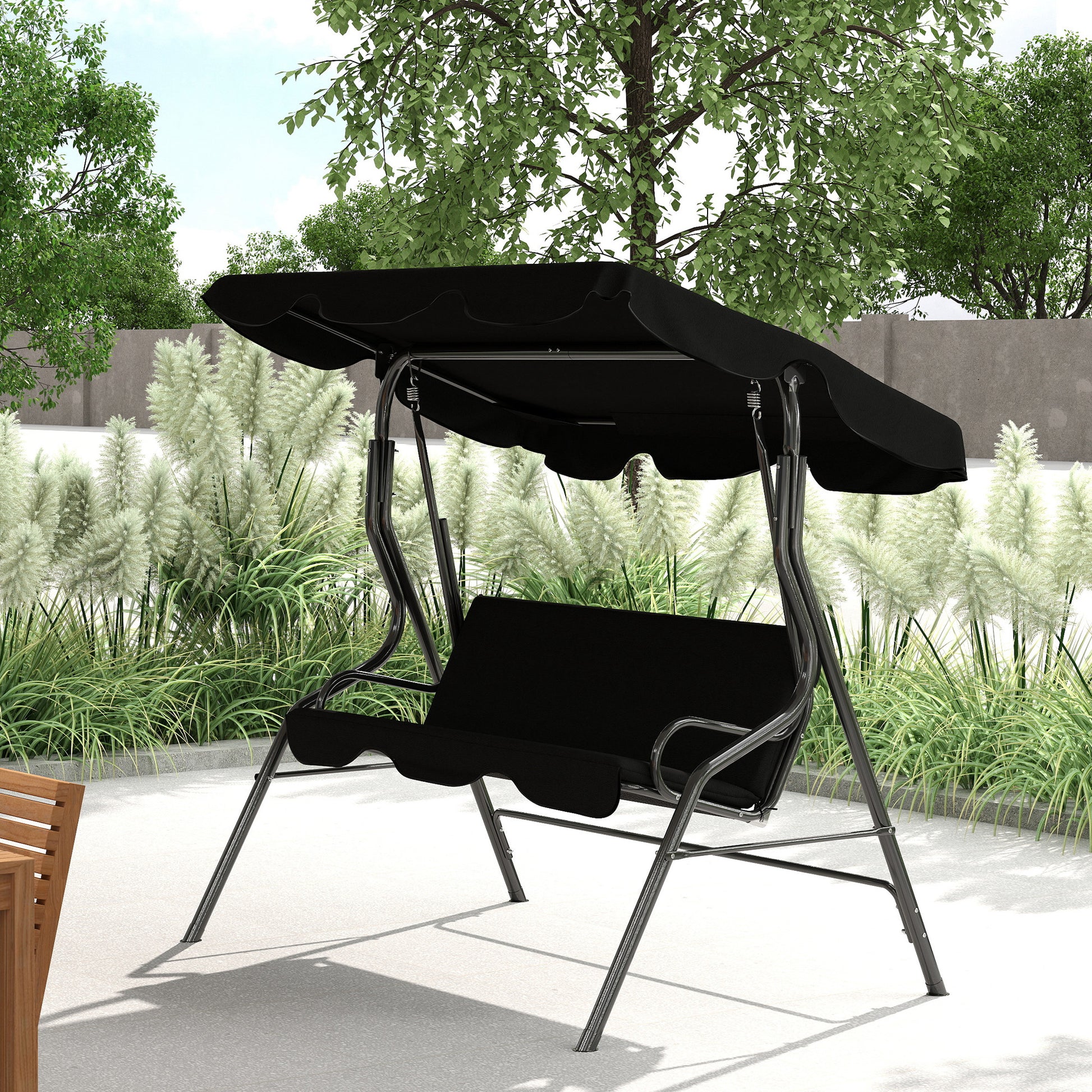 Dondolo 3 Posti 170x110x153 cm con Tettuccio Regolabile e Cuscini in Acciaio e Poliestere Nero