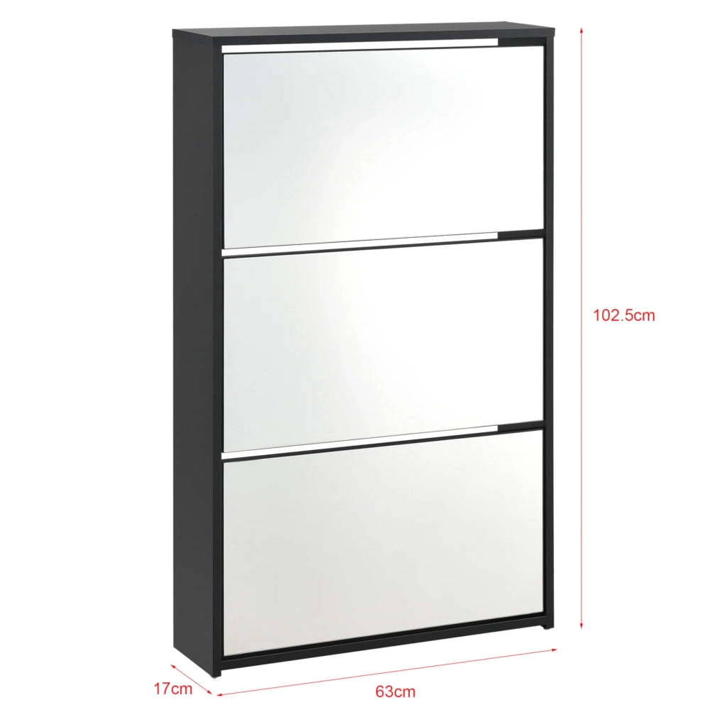 Scarpiera di design mobile contenitore con 3 scomparti capienza 9 paia di scarpe frontale a specchio pannello di particelle rivestito in melamina 102,5 x 63 x 17 cm nero 03_0005166