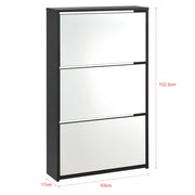 Scarpiera di design mobile contenitore con 3 scomparti capienza 9 paia di scarpe frontale a specchio pannello di particelle rivestito in melamina 102,5 x 63 x 17 cm nero 03_0005166