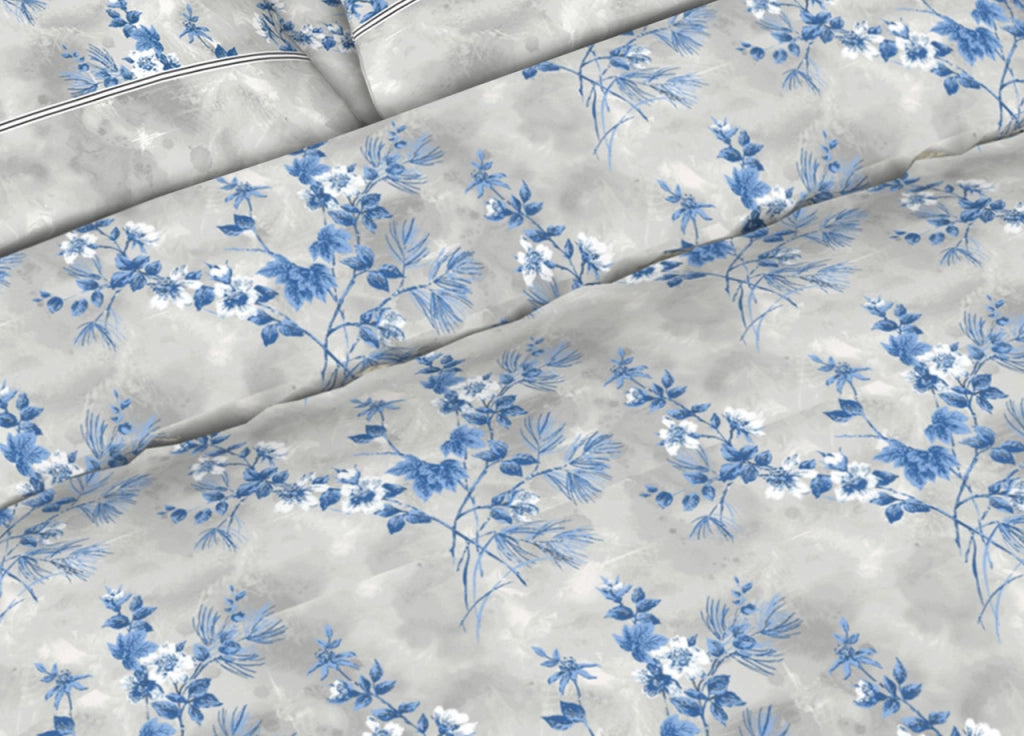 Completo Lenzuola Letto Matrimoniale 100% Cotone Made Italy In Varie Fantasie Fiorate C.N - Matrimoniale - Coppery Blu