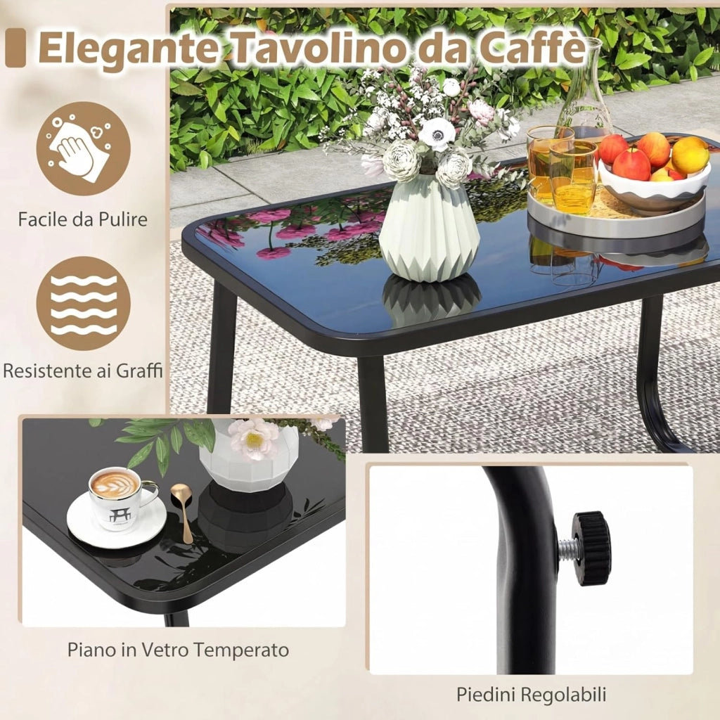 Set Tavolo e Sedie da Giardino 4 Pezzi, Tavolino in Vetro Portato 50 kg, Sedie Portata 150 kg, Panca Portata 300 kg, Set Bistro in Tessuto Textilene, per Cortile Terrazza Piscina (Marrone)