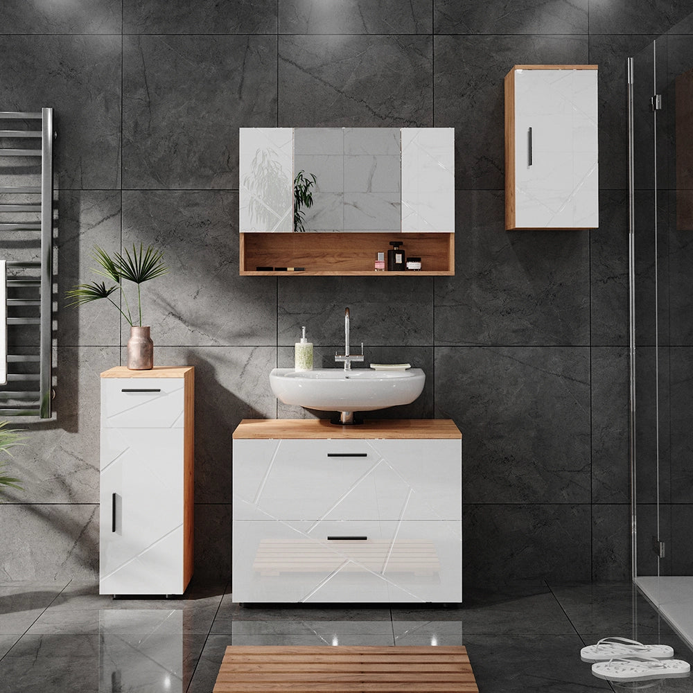 Vicco Specchio contenitore bagno Bianco lucido/oro power oak 17 x 55 cm