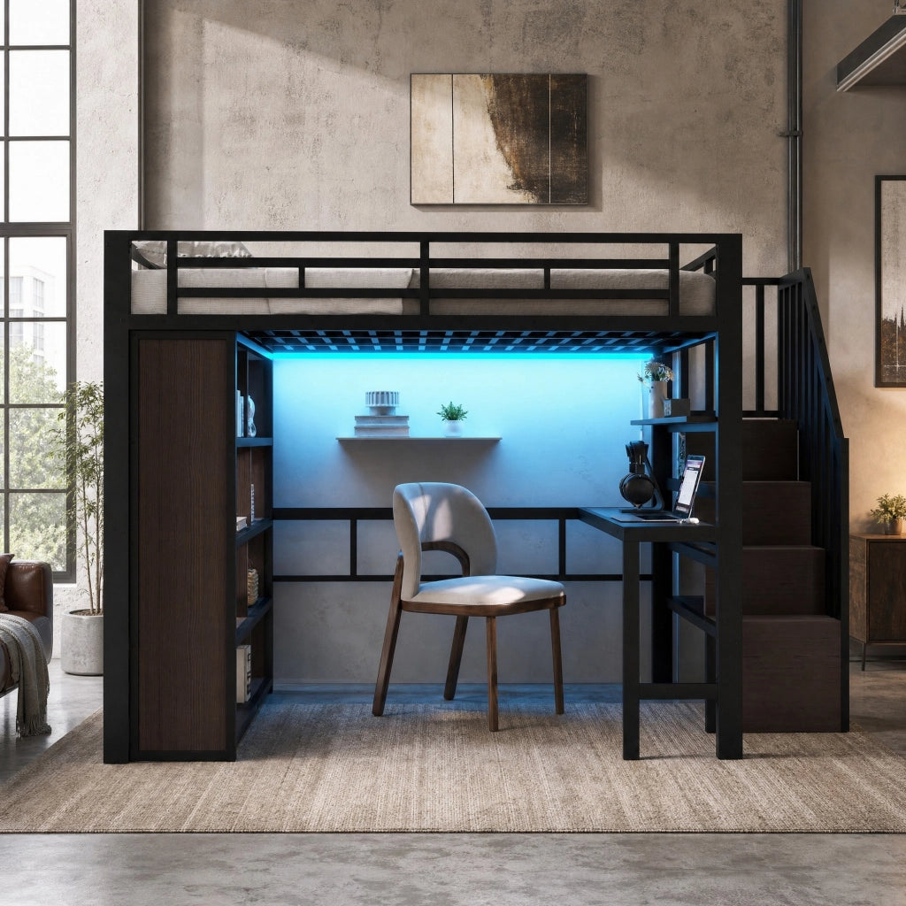 Letto a soppalco 140x200 cm con scrivania; LED e scale contenitore in metallo e MDF nero