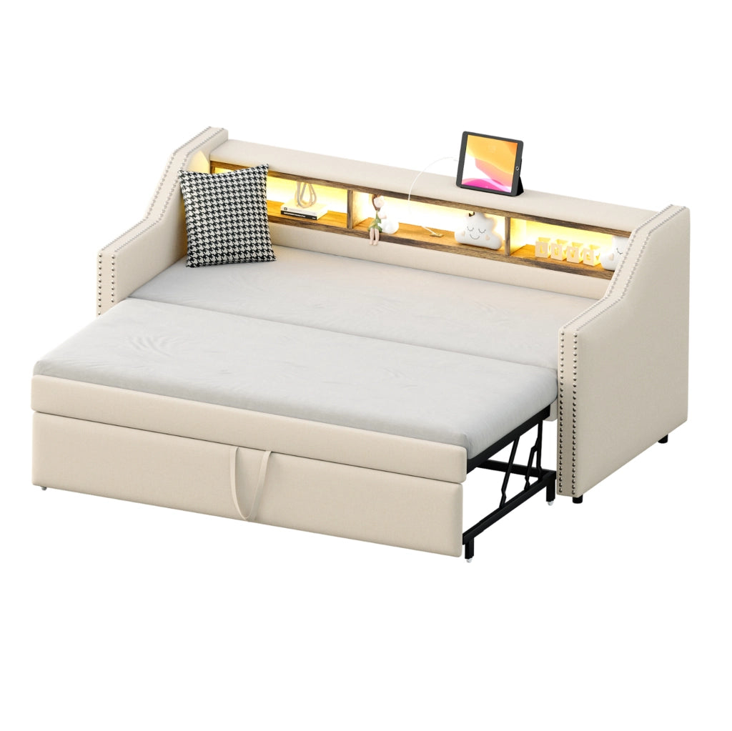 Divano letto 90/180 x 190 cm beige in tessuto con USB e LED