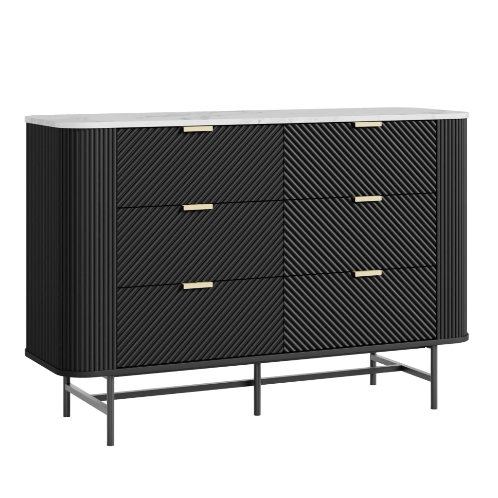 Comò a 6 Cassetti Olvehok Cassettiera 120 x 40 x 81 cm - Nero/Effetto Marmo Bianco [en.casa]