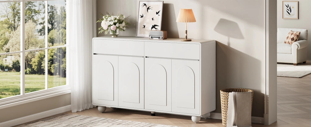 Credenza e madia con 2 cassetti, 4 ante e ripiani regolabili, per soggiorno, in MDF e PB, bianco, 140 × 38 × 89 cm