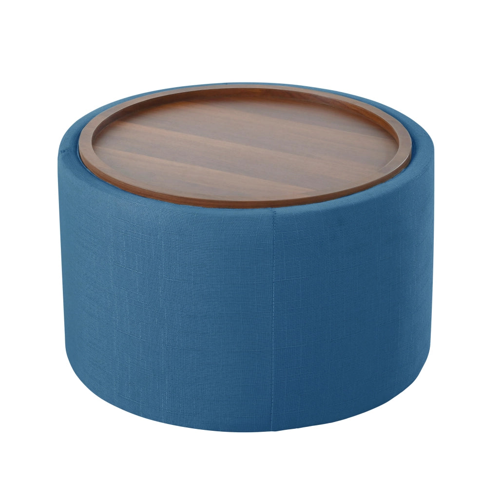 Repose-pied rotondo impilabile in lino con contenitore e vassoio in legno set da 2 salvaspazio blu