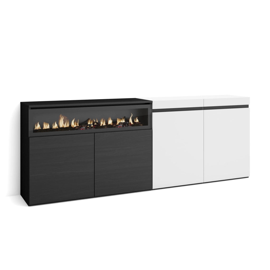 Credenza, Mobile, 200x35x75cm, 4 Porte, Camino elettrico, Bianco e nero RF2393