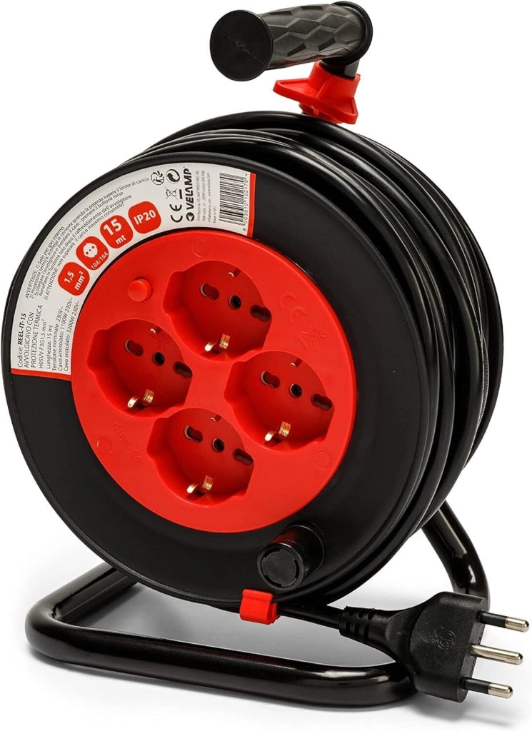 Velamp REEL-IT-15 Avvolgicavo Prolunga Elettrica 15mt 4 Prese Schuko+10-16A Spina 16A Cavo 3G1,5mm² Protezione Termica e Bambini colore Nero