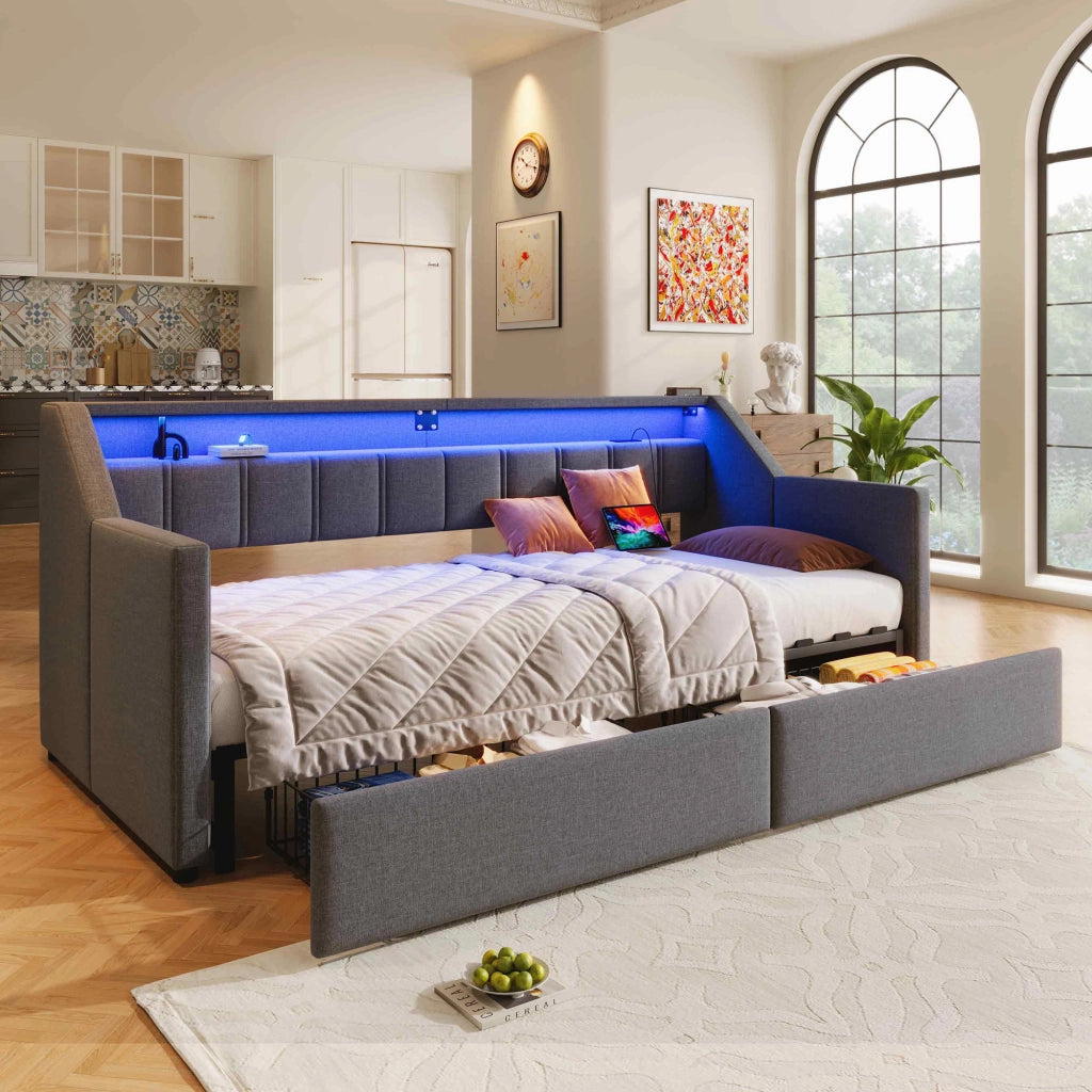DESMIU Lit divano 90 × 200 cm con USB, Type-C, LED, 2 cassetti e tasche, senza materasso, grigio