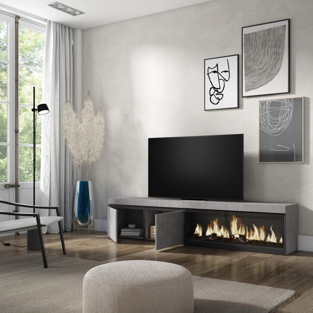 Mobile TV, Soggiorno, 208x35x45cm, Per TV fino a 80", Camino elettrico XXL, grigio cemento RF3210