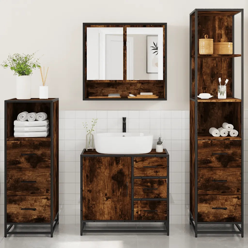 Set Mobili da Bagno 4 pz Rovere Fumo in Legno Multistrato