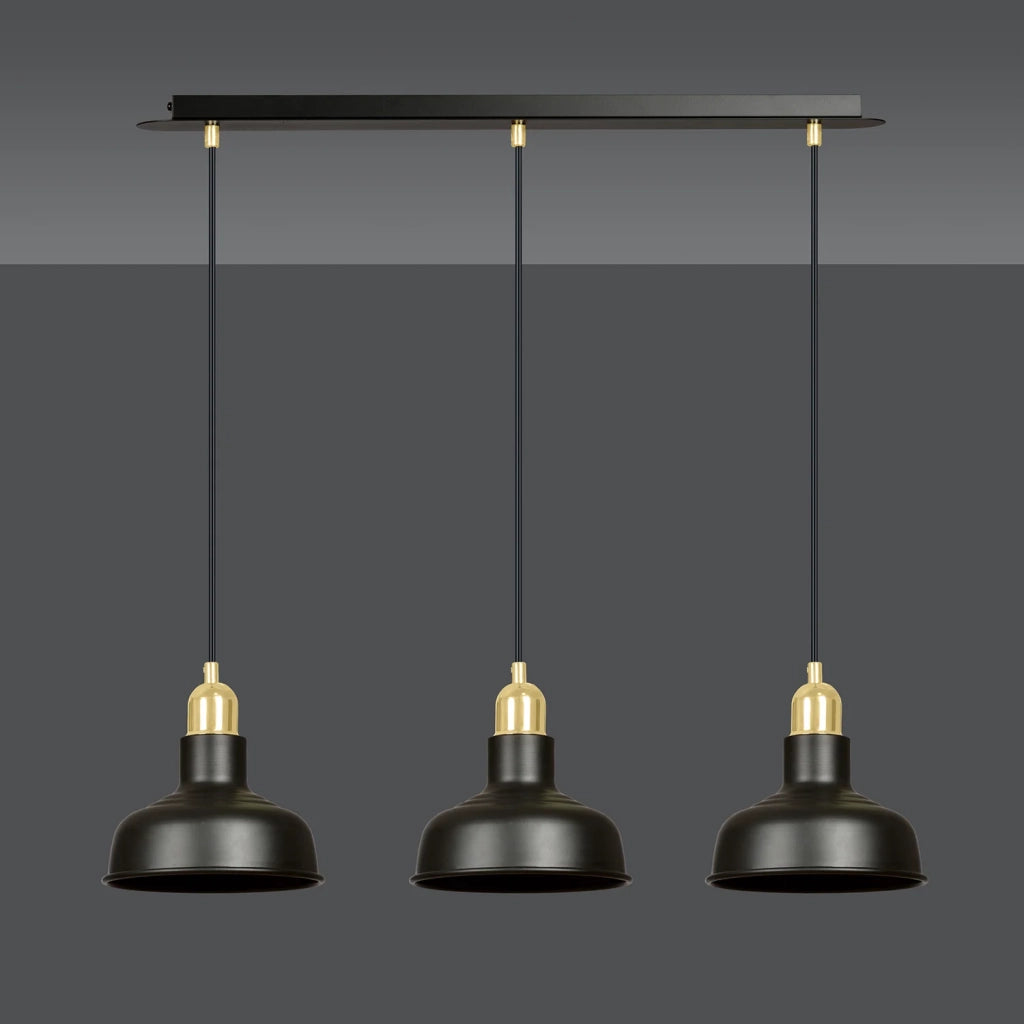 Lampadario Industrial 3 Luci Kubera In Acciaio Nero Con Elementi In Oro