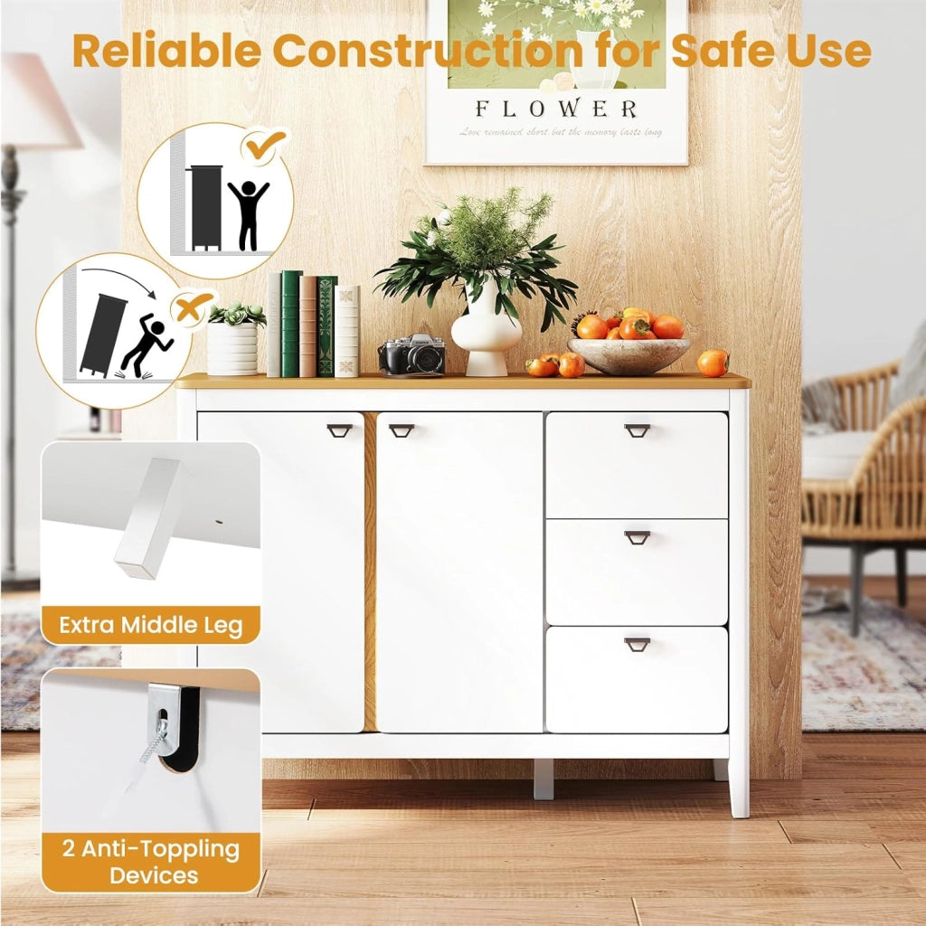 Credenza da cucina con 3 cassetti e 1 armadio con ante e protezione antiribaltamento e ripiano regolabile, per soggiorno, cucina, sala da pranzo, 106 x 40 x 80 cm