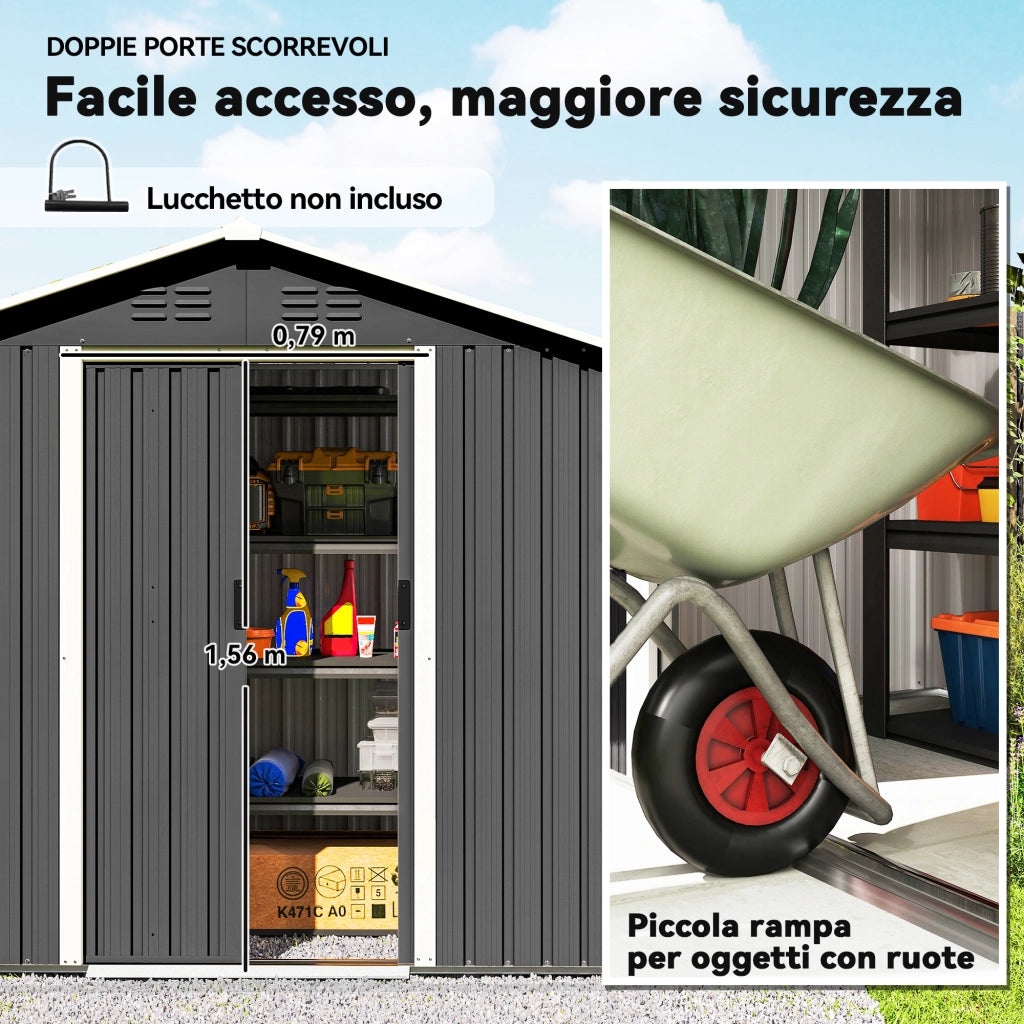 Casetta Box da Giardino 194x107x191 cm Capanno Porta Attrezzi in Acciaio Grigio