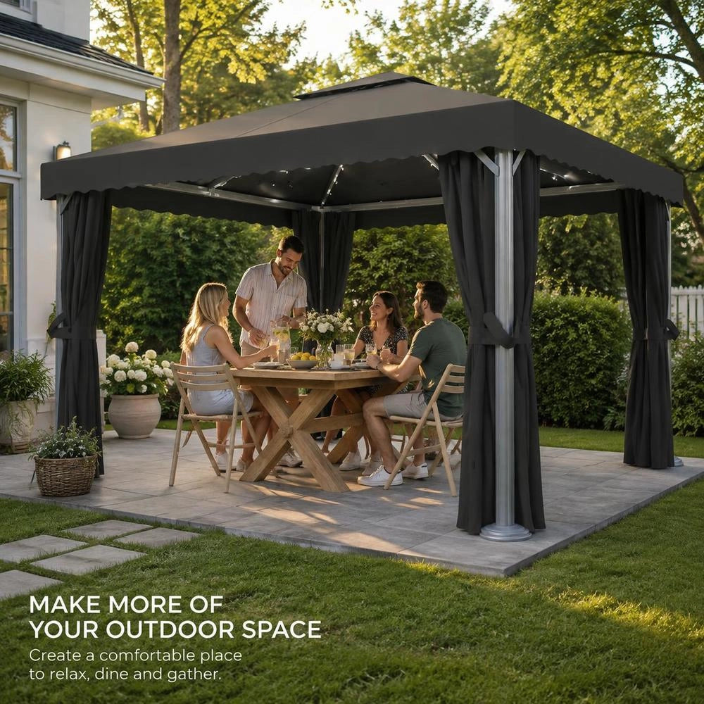 Pavilion With Curtains & LED String Lights 4x3 M Anthracite