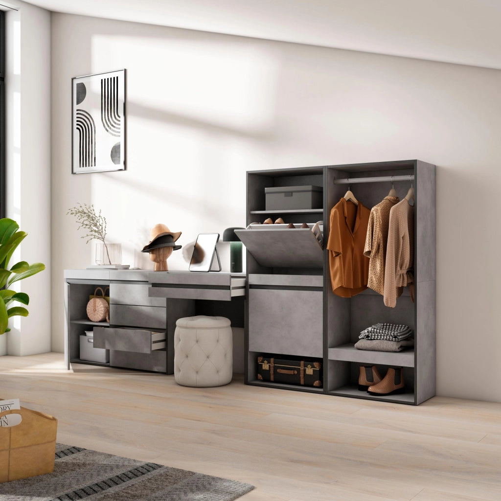 Scarpiera, 297x35x145cm, Camera da letto, Armadio Aperto, Cassettiera, Tavolo da toeletta, grigio cemento RF3529