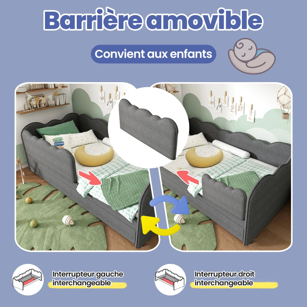 Letto Estraibile 90 x 190 cm; Letto Singolo - Sponda Rimovibile - in Lino - Grigio