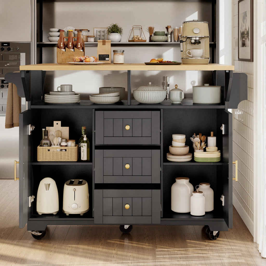 Carrello da Cucina con 2 Ante e 3 Cassetti; Piano Pieghevole; in MDF e Metallo; 120x40x95 cm; Nero
