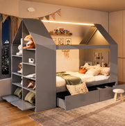 Letto per bambini a forma di casa 90x200 cm con LED; 2 cassetti e vano contenitore; grigio
