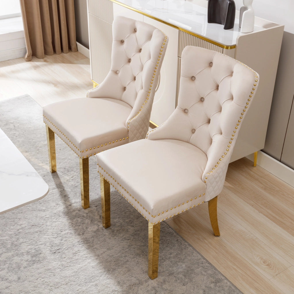 Sedia da pranzo Set da 2 con Anello decorativo, Borchie e Piedini Regolabili in Velluto Beige