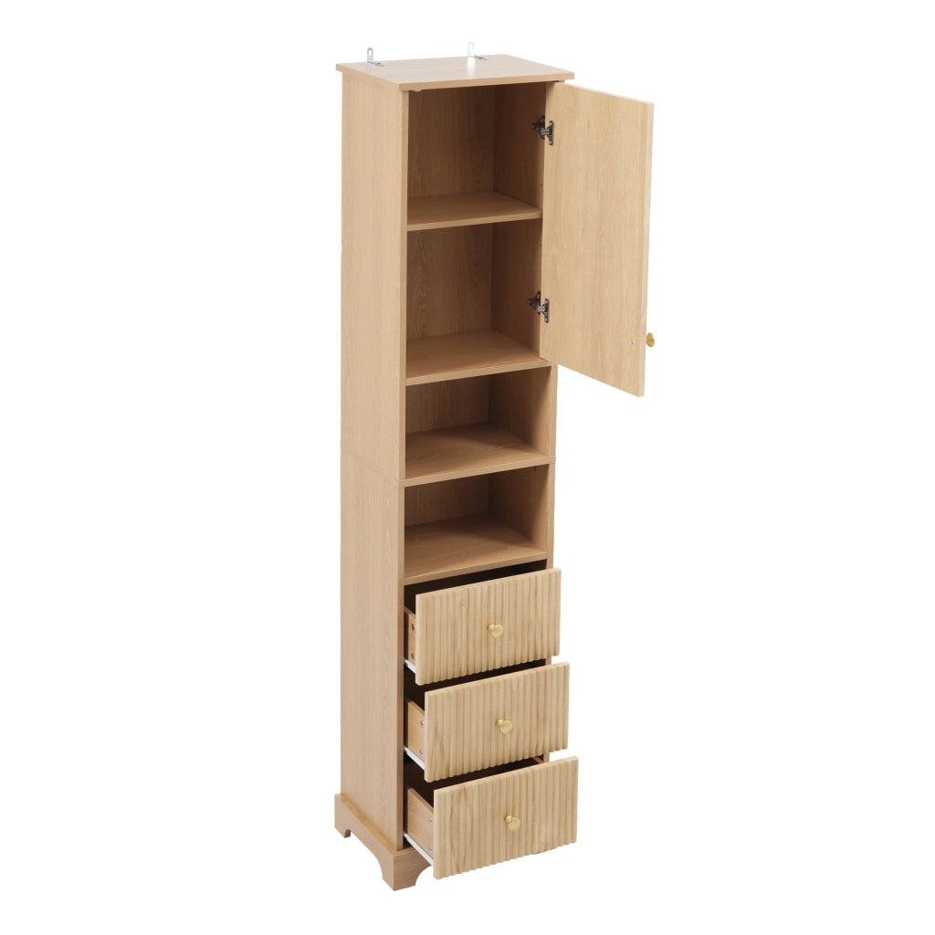 Mobiletto bagno alto 40x30x172 cm in MDF effetto legno naturale con 3 cassetti, vano a giorno e ripiano regolabile