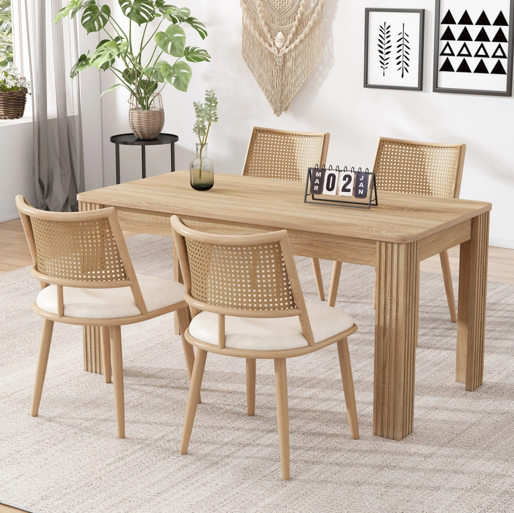 Set di 4 sedie da pranzo in rattan; seduta in PU; beige