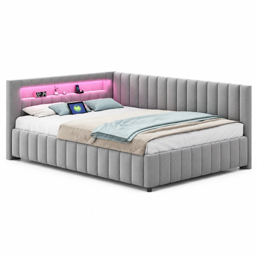 Divano letto angolare 140x200 cm in velluto grigio con LED e USB