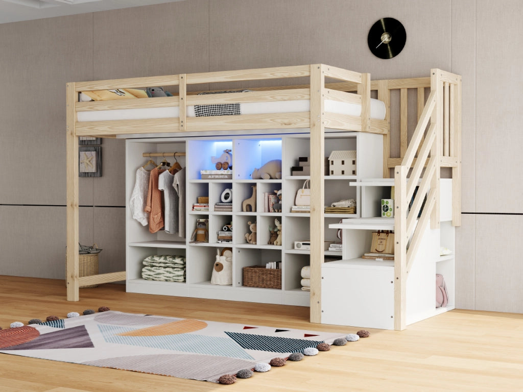 LETTO a soppalco 90x200 cm in legno naturale/bianco con scala laterale e LED