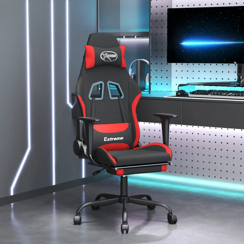 Sedia da Gaming | Sedia da e-sports Massaggio e Poggiapiedi Tessuto Nero e Rosso