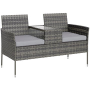 Panchina da Esterno 2 Posti con Tavolino da Caff¨¨, in Acciaio e Rattan PE, 137x59x82 cm, Grigio