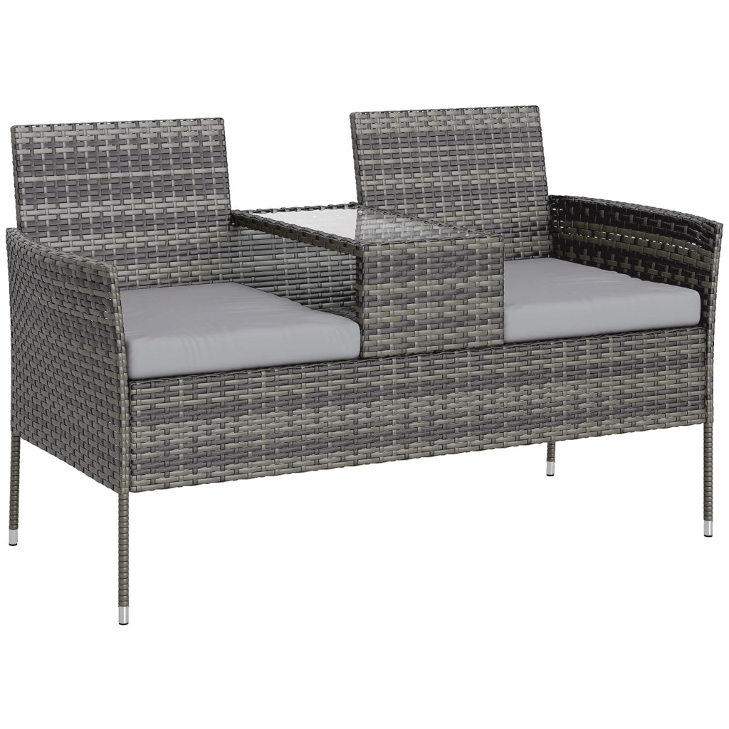 Panchina da Esterno 2 Posti con Tavolino da Caff¨¨, in Acciaio e Rattan PE, 137x59x82 cm, Grigio