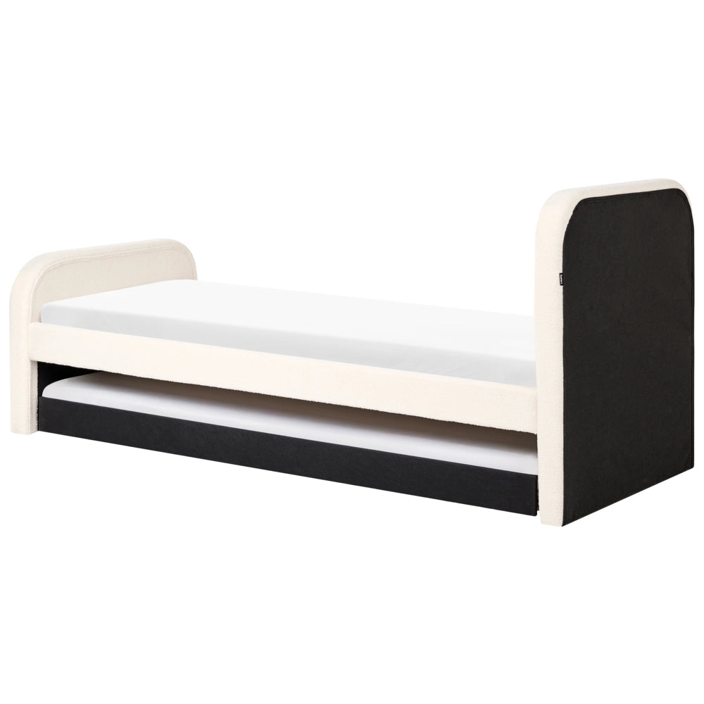 Letto singolo con secondo letto a scomparsa in tessuto Boucle 90 x 200 cm con rete a doghe rivestimento trapuntato beige chiaro camera da letto cameretta