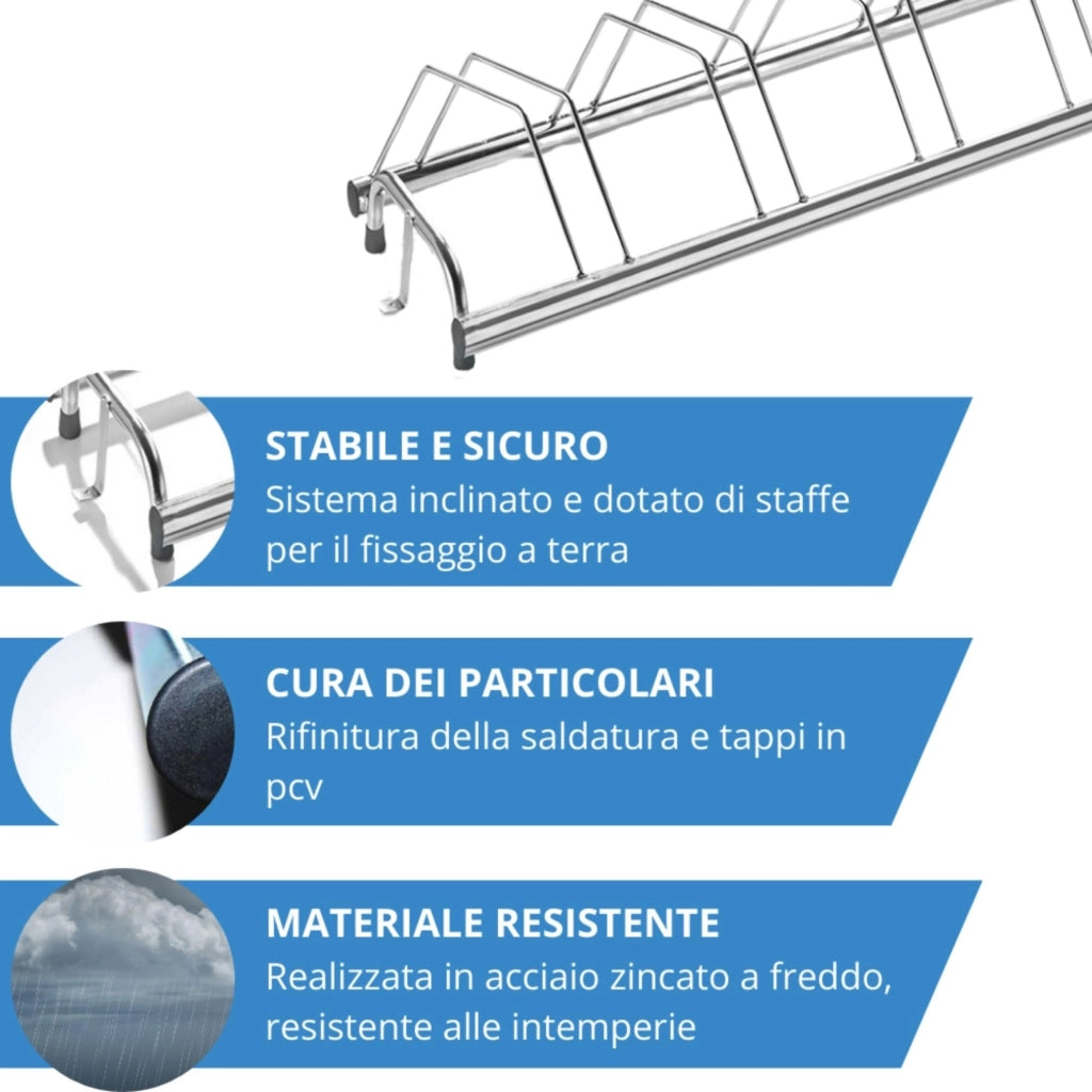 Andrys Rastrelliera Bici 5 Posti Inclinato 30° Acciaio Zincato Argento