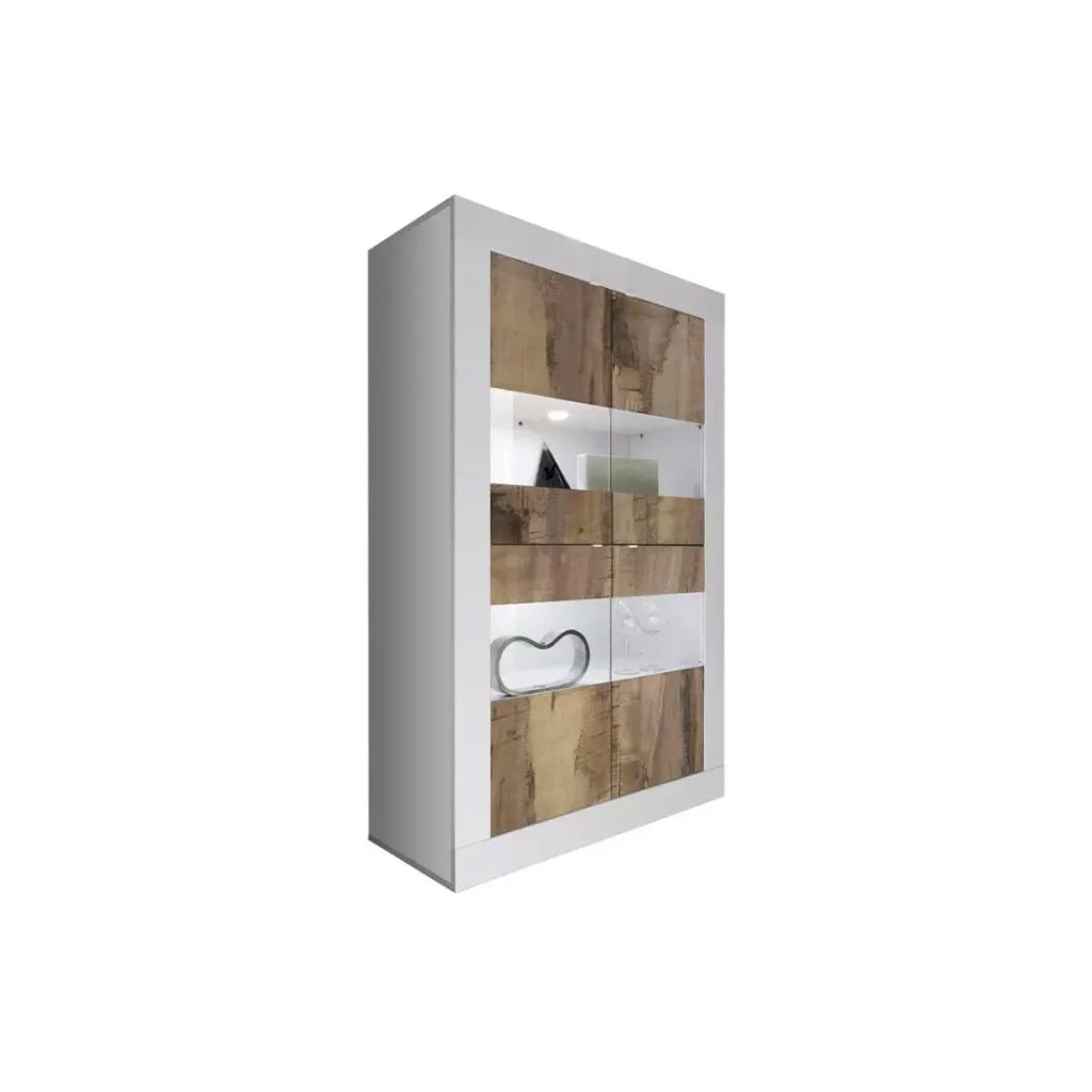 Vetrina 4 porte, collezione ISORA, color bianco lucido laccato e rovere chiaro