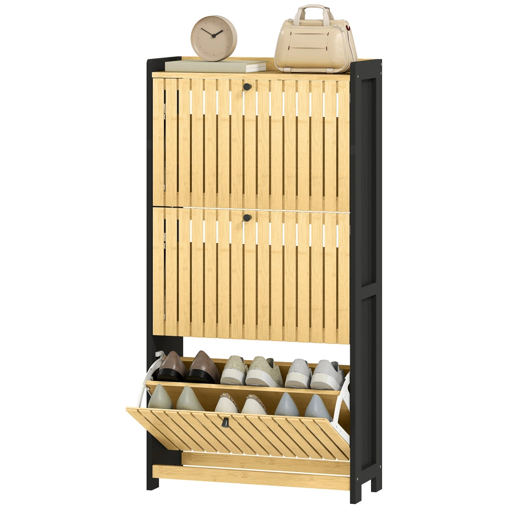 Scarpiera con cassetti e ante in bamb¨´ ¨C Zephmum ¨C Nero e legno naturale 60x24x118cm