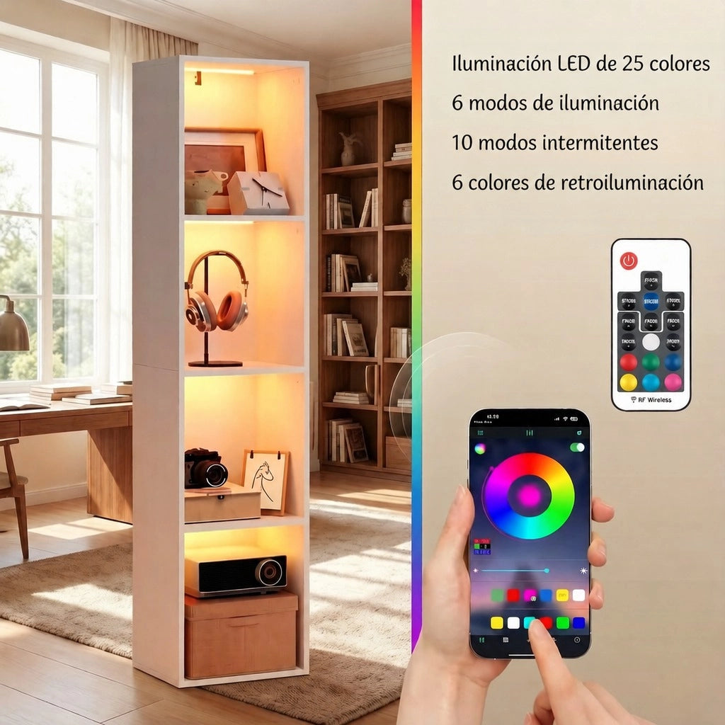 Libreria verticale bianca 40x29x170 cm con illuminazione RGB， 4 scomparti