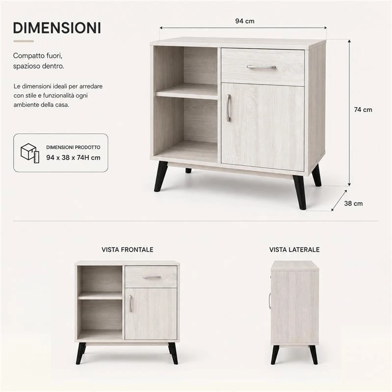 MOBILE MODERNO IN LEGNO CON 2 RIPIANI, 1 ANTA E CASSETTO COLORE BIANCO DIMENSIONI 94X38X74 CM