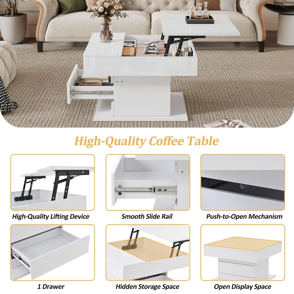 Tavolino da Caff¨¨ con Cassetto Girevole Alzabile ¨C MINIMAL ¨C Bianco Lucido 70x70x45