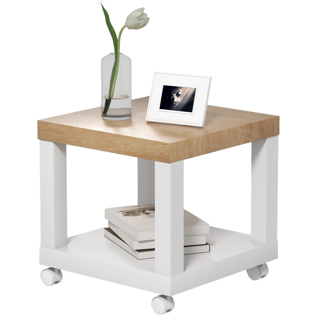 Tavolino con Ruote e Ripiano Aperto ¨C Zephmum ¨C Naturale e Bianco 40x40x40 cm