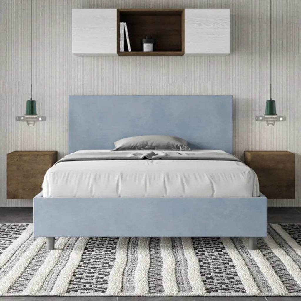 Letto matrimoniale francese contenitore imbottito 140x210 microfibra azzurro Adele