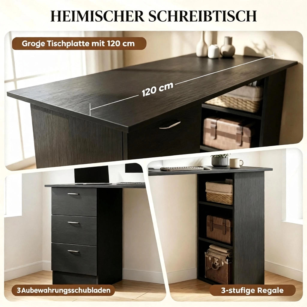 SCRIVANIA Computer 120x49x72 cm MDF Nero con 3 ripiani e 3 cassetti